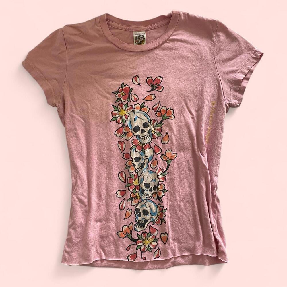 Ed hardy pink baby tee top with skulls and flowers